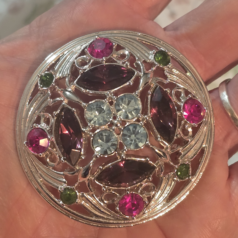 Large 2 1/8" Signed Sarah Coventry Vintage Multi Color Rhinestone Brooch Pin